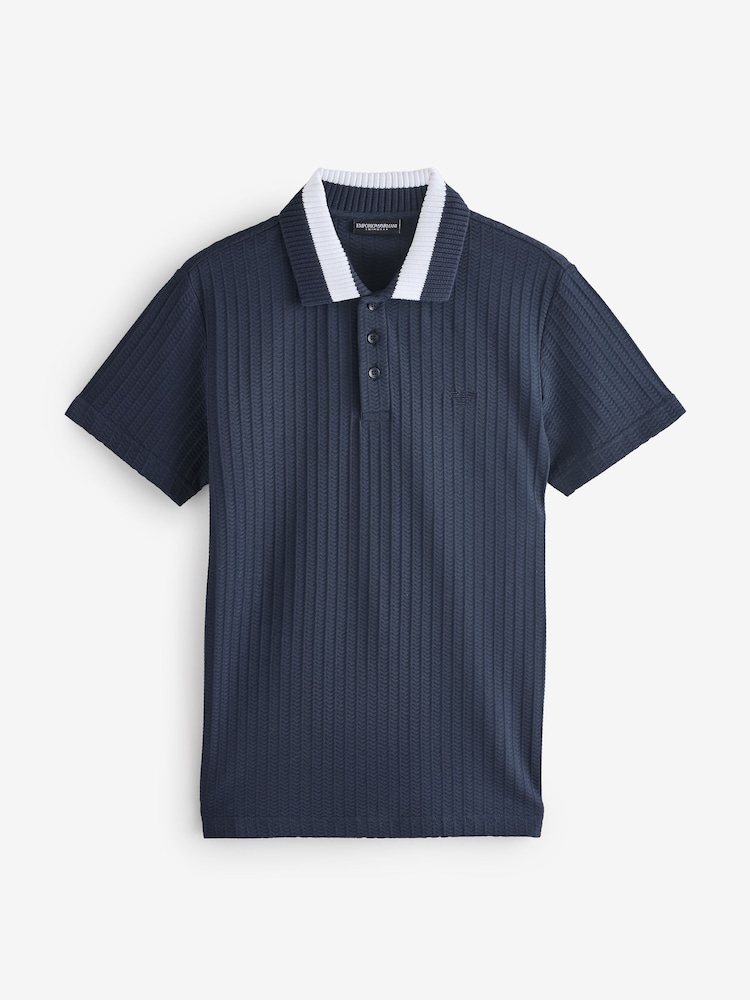 Emporio Armani Swimwear Blue Contrast Collar Knitted 100% Cotton Polo Shirt - Image 3 of 3