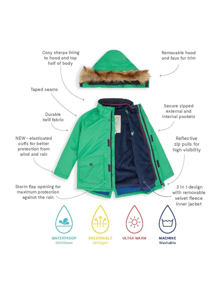 أخضر - Muddy Puddles Waterproof 3-In-1 Parka Jacket - صورة 7 من 7