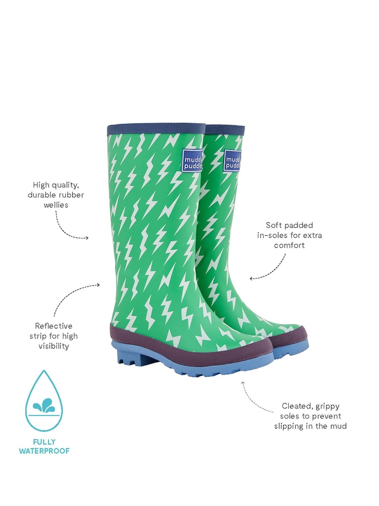 أخضر - بتصميم صواعق برق - بوت مطاطي Puddlestomper من Muddy Puddles - صورة 3 من 3