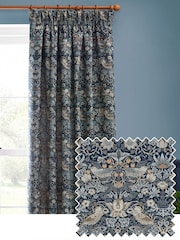 Morris & Co Indigo Strawberry Thief Jacquard Pencil Pleat Curtain - Image 1 of 7