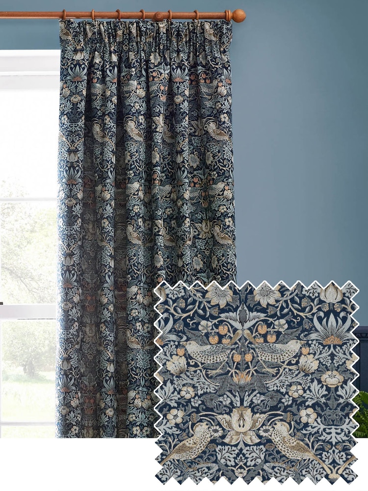Morris & Co Indigo Strawberry Thief Jacquard Pencil Pleat Curtain - Image 1 of 7