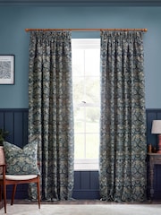 Morris & Co Indigo Strawberry Thief Jacquard Pencil Pleat Curtain - Image 2 of 7