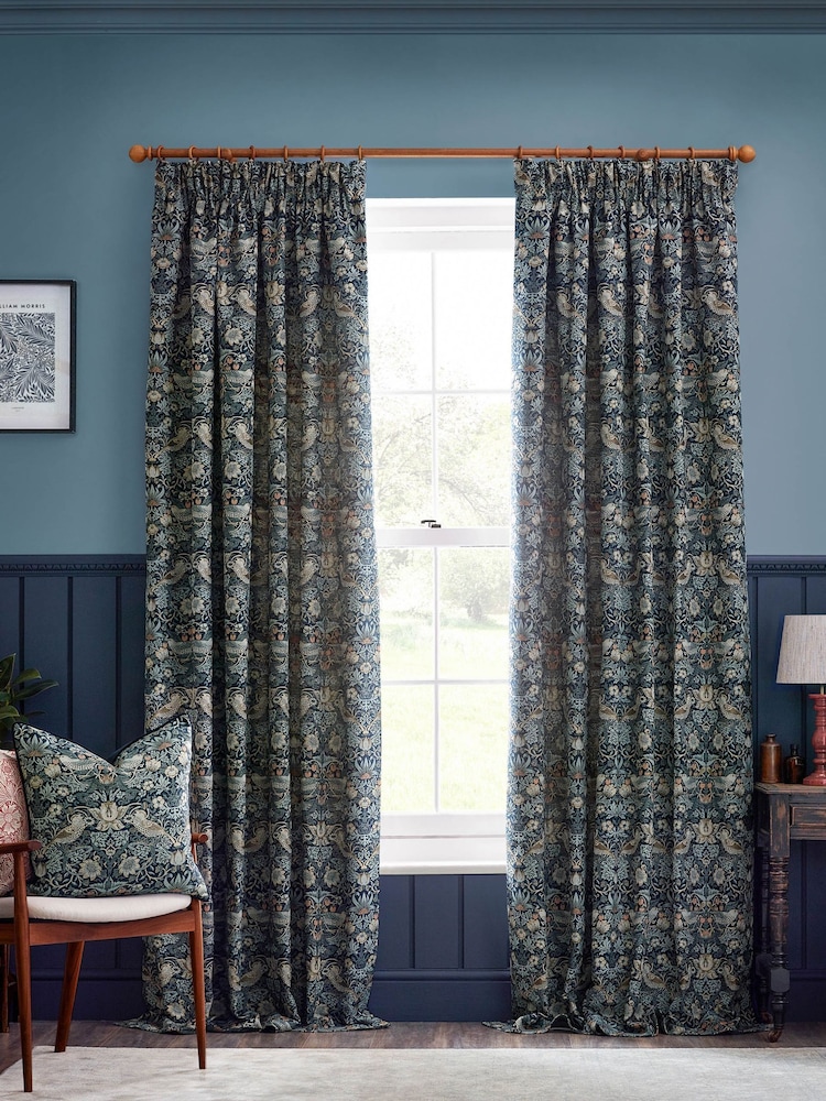 Morris & Co Indigo Strawberry Thief Jacquard Pencil Pleat Curtain - Image 2 of 7