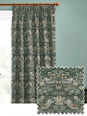 Morris & Co Forest Green Strawberry Thief Jacquard Pencil Pleat Curtain - Image 1 of 7