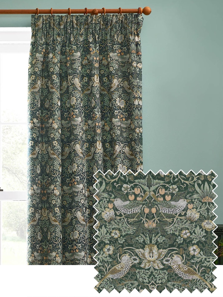 Morris & Co Forest Green Strawberry Thief Jacquard Pencil Pleat Curtain - Image 1 of 7