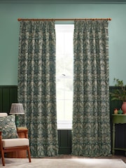 Morris & Co Forest Green Strawberry Thief Jacquard Pencil Pleat Curtain - Image 2 of 7