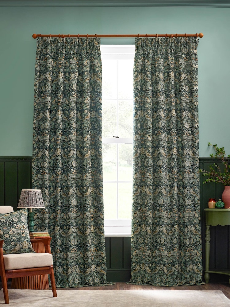Morris & Co Forest Green Strawberry Thief Jacquard Pencil Pleat Curtain - Image 2 of 7