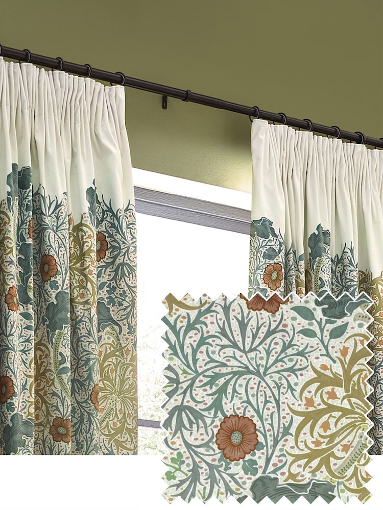 Morris & Co Stone Sunflower Seaweed Matt Velvet Pencil Pleat Curtain - Image 1 of 7