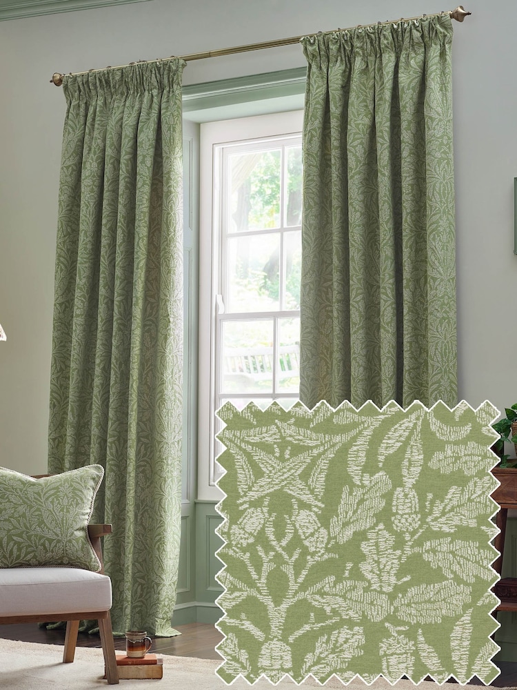 Morris & Co Sage Acorn Tonal Jacquard Pencil Pleat Curtain - Image 1 of 7