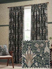 Morris & Co Indigo Leaf Snakeshead Jacquard Chenille Pencil Pleat Curtain - Image 1 of 6