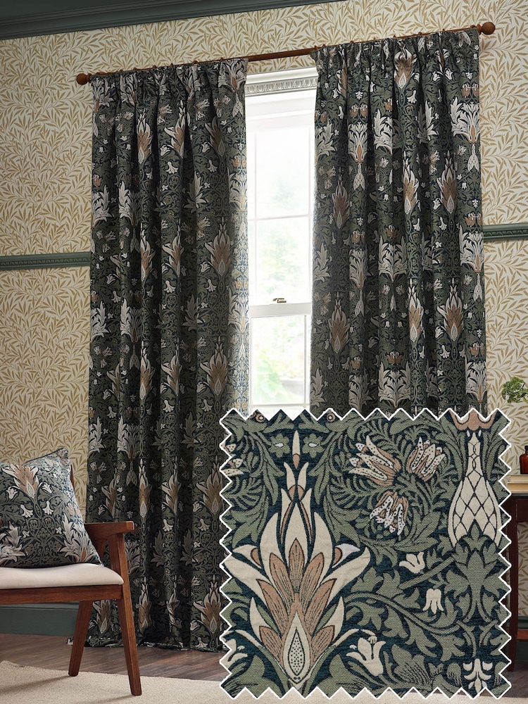 Morris & Co Indigo Leaf Snakeshead Jacquard Chenille Pencil Pleat Curtain - Image 1 of 6
