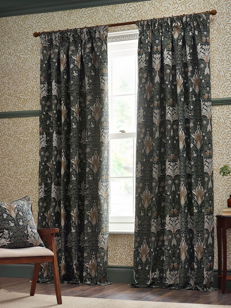 Morris & Co Indigo Leaf Snakeshead Jacquard Chenille Pencil Pleat Curtain - Image 2 of 6