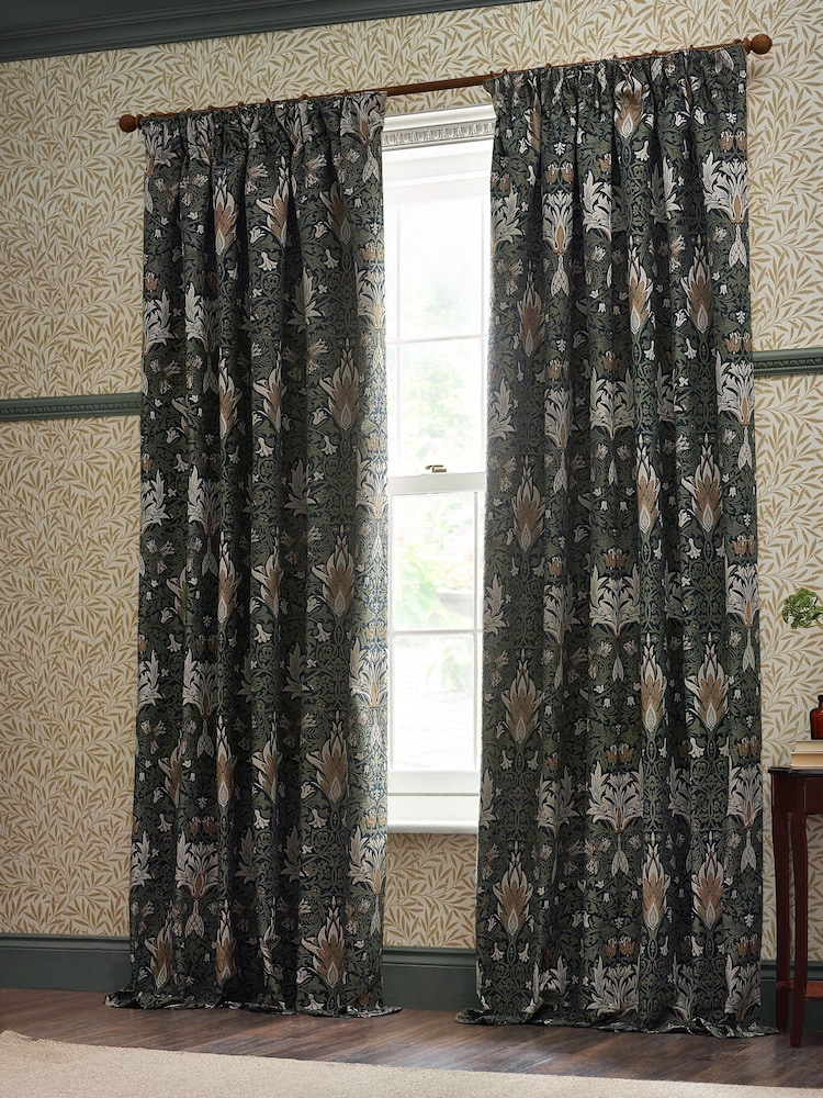 Morris & Co Indigo Leaf Snakeshead Jacquard Chenille Pencil Pleat Curtain - Image 6 of 6