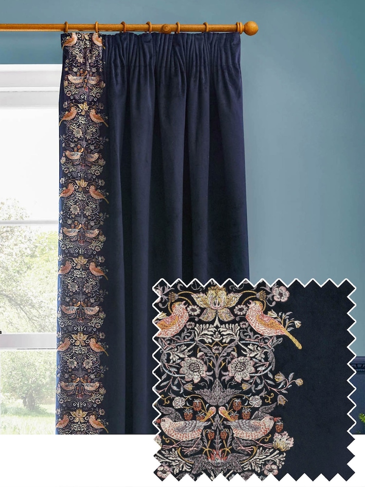 Morris & Co Indigo Strawberry Thief Embroidered Pencil Pleat Curtain - Image 1 of 7