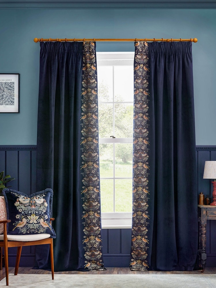 Morris & Co Indigo Strawberry Thief Embroidered Pencil Pleat Curtain - Image 2 of 7
