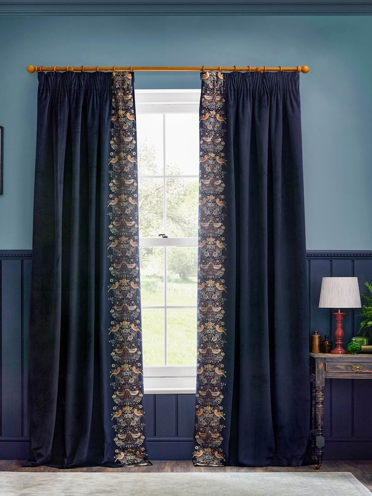 Morris & Co Indigo Strawberry Thief Embroidered Pencil Pleat Curtain - Image 7 of 7