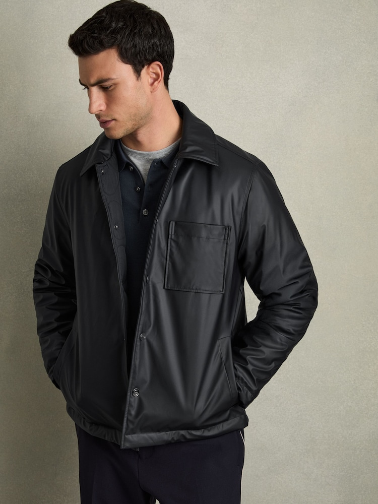 Reiss Navy Hyde Padded Technical Press-Stud Overshirt - Image 1 of 7