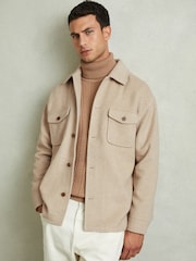 Reiss Oatmeal Compton Wool Blend Herringbone Twill Overshirt - Image 1 of 6