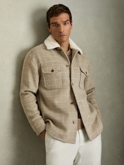 Reiss Oatmeal Nix Wool-Blend Borg-Collar Check Overshirt - Image 1 of 7
