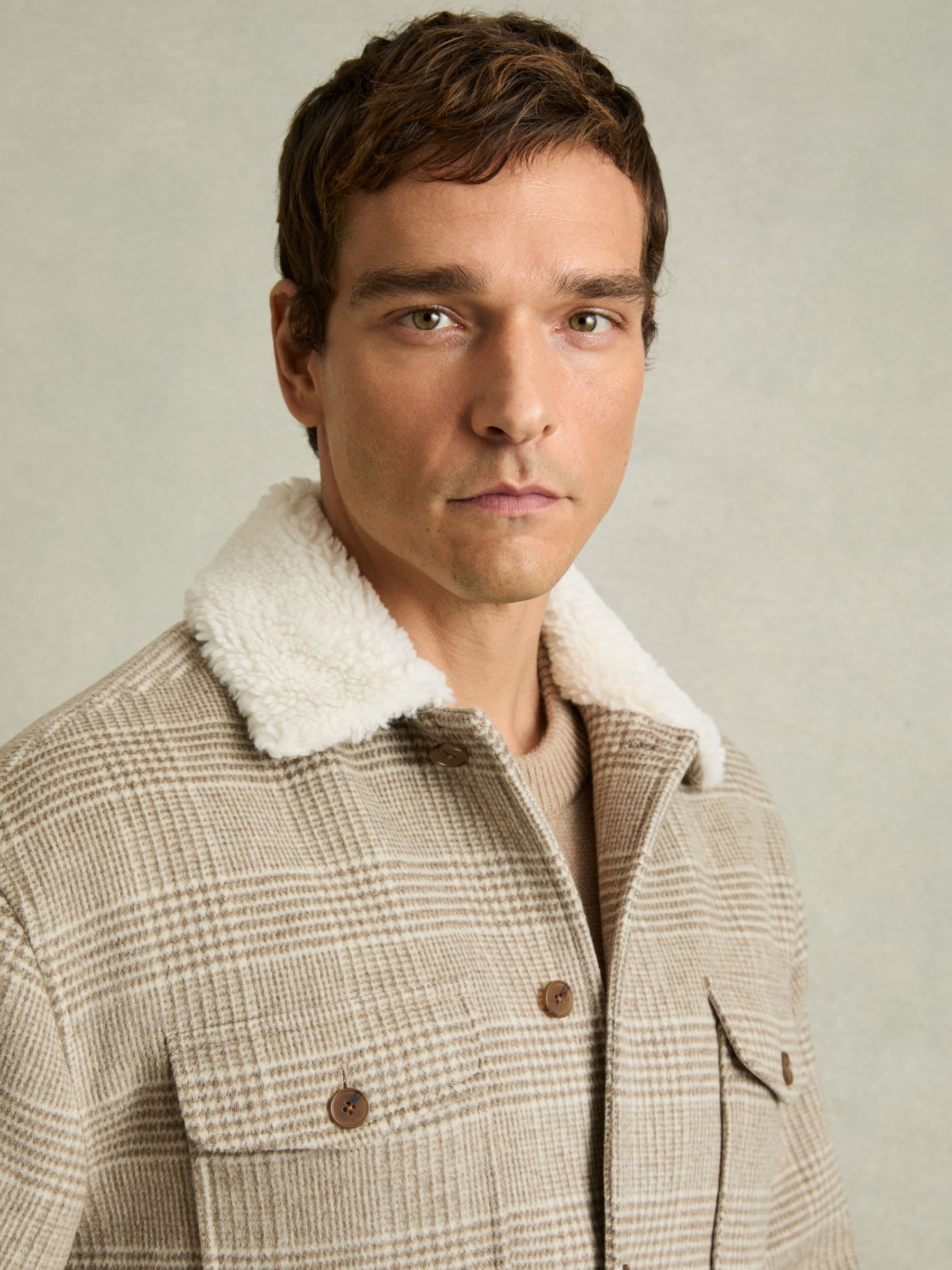 Buy Reiss Oatmeal Nix Wool-Blend Borg-Collar Check Overshirt from