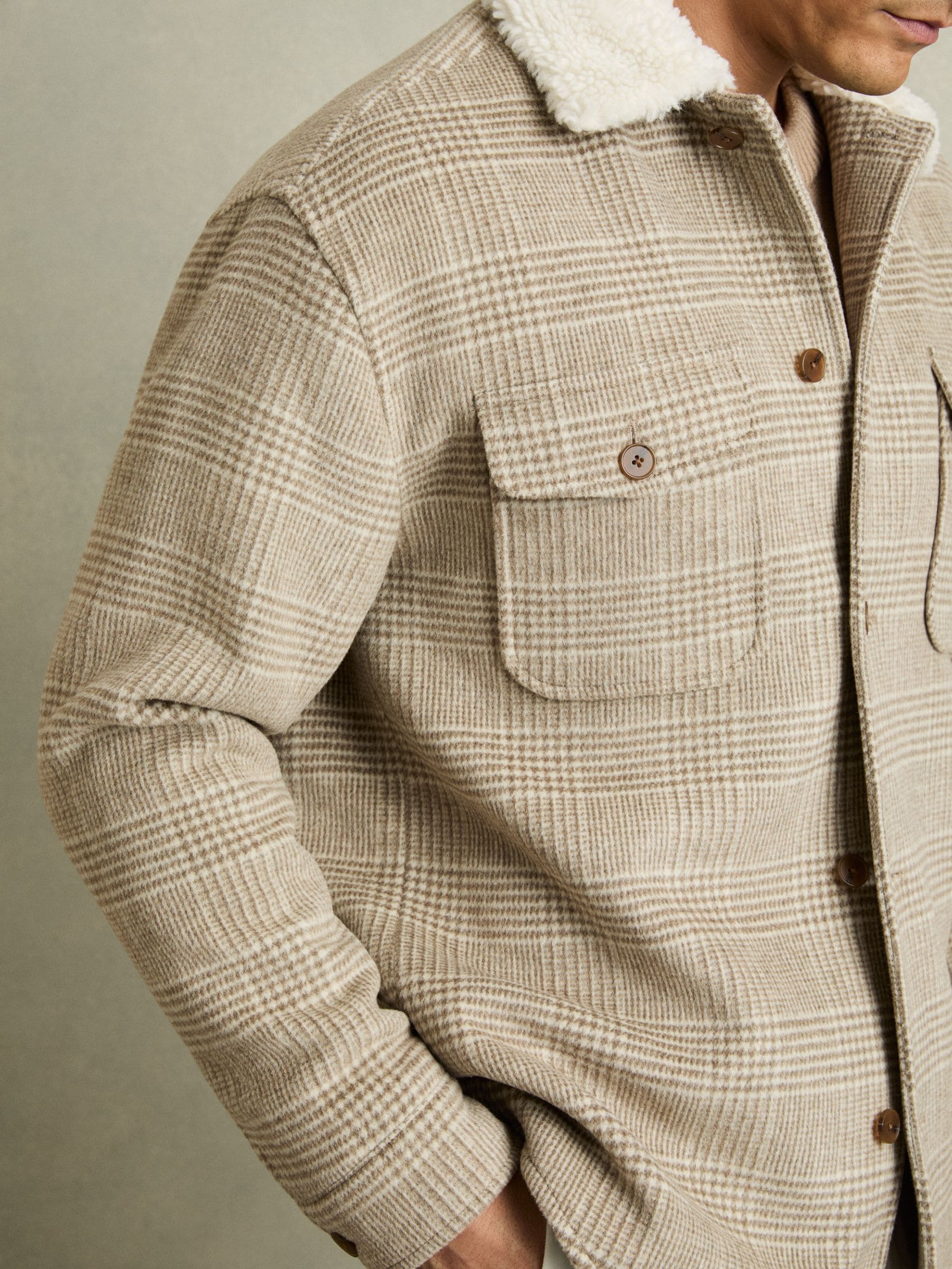 Buy Reiss Oatmeal Nix Wool-Blend Borg-Collar Check Overshirt from
