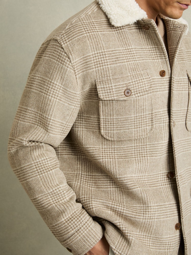 Reiss Oatmeal Nix Wool-Blend Borg-Collar Check Overshirt - Image 4 of 7
