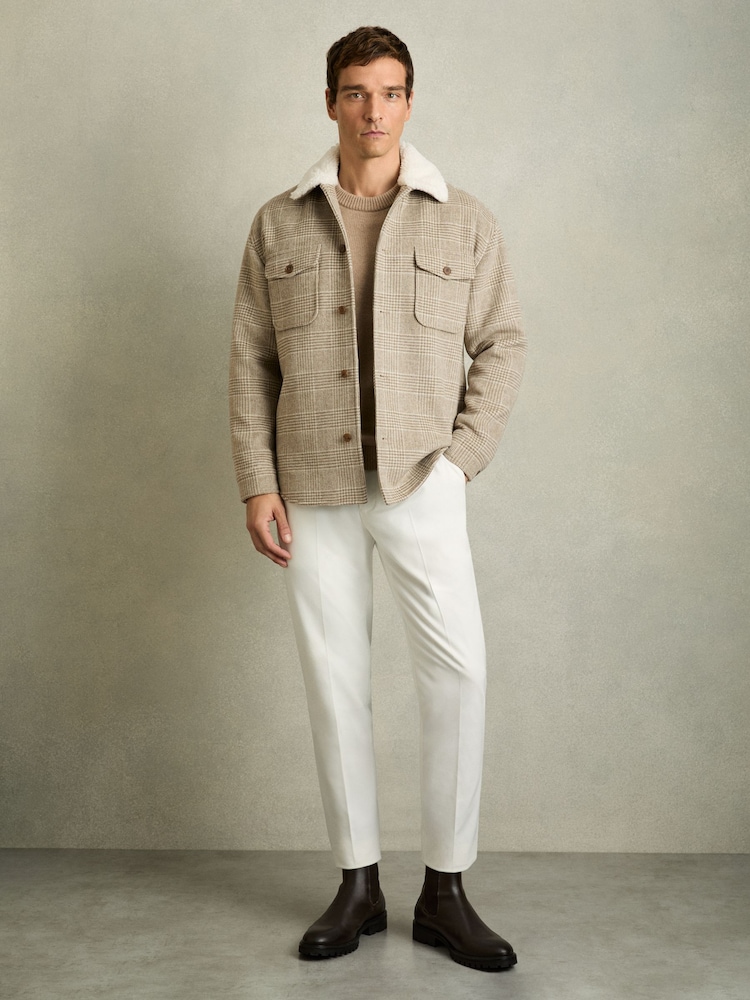 Reiss Oatmeal Nix Wool-Blend Borg-Collar Check Overshirt - Image 6 of 7
