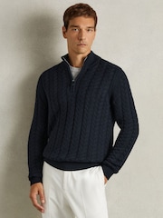 Reiss Navy Tamworth Cabled Zip-Neck Jumper with Cotton and Wool - Image 1 of 6