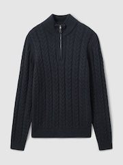Reiss Navy Tamworth Cabled Zip-Neck Jumper with Cotton and Wool - Image 2 of 6