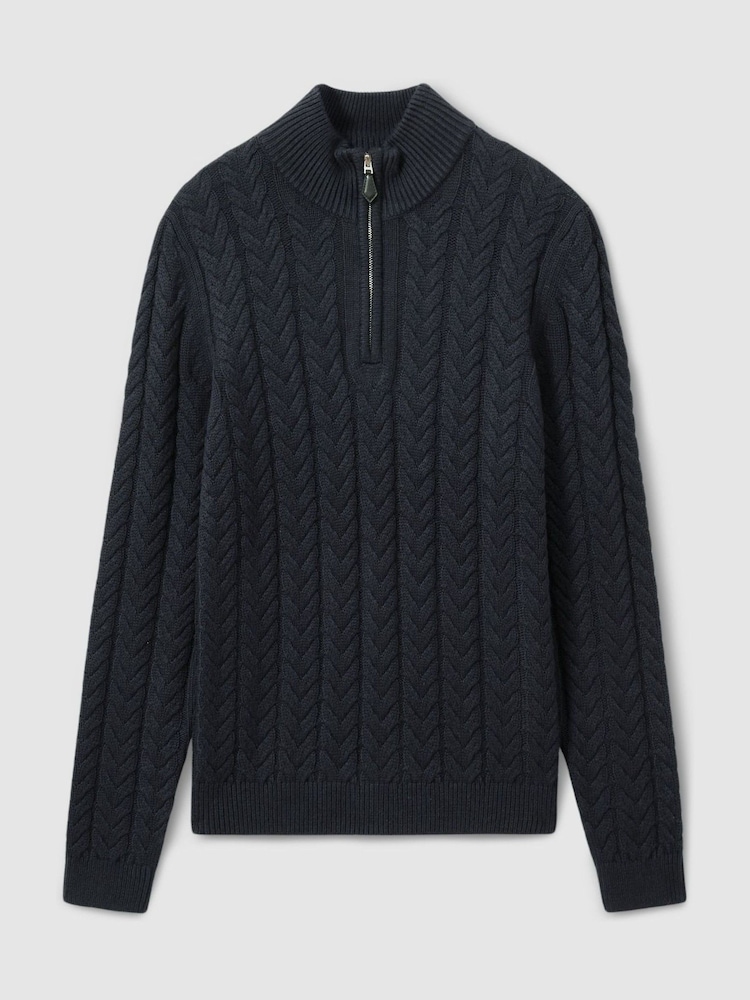 Reiss Navy Tamworth Cabled Zip-Neck Jumper with Cotton and Wool - Image 2 of 6