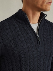 Reiss Navy Tamworth Cabled Zip-Neck Jumper with Cotton and Wool - Image 4 of 6