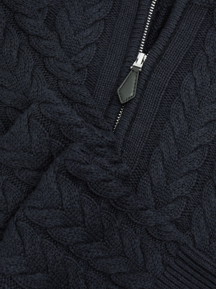 Reiss Navy Tamworth Cabled Zip-Neck Jumper with Cotton and Wool - Image 6 of 6