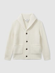 Reiss Off White Nimbus 13-14 yrs Ribbed Shawl Cardigan With Merino Wool - Image 1 of 4