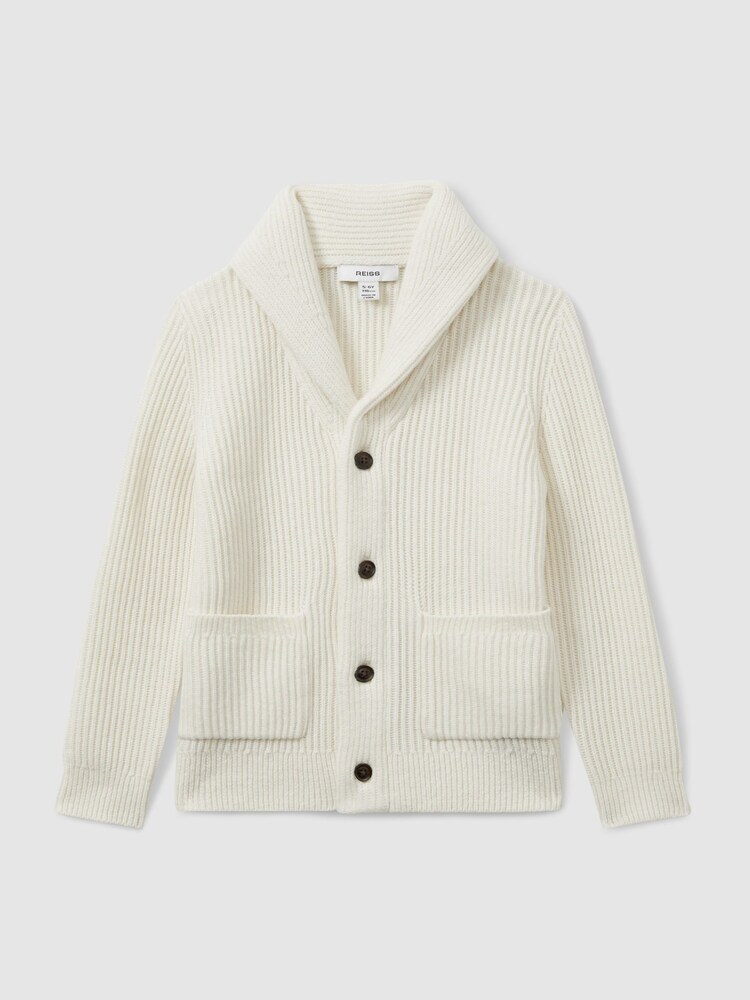 Reiss Off White Nimbus 13-14 yrs Ribbed Shawl Cardigan With Merino Wool - Image 1 of 4