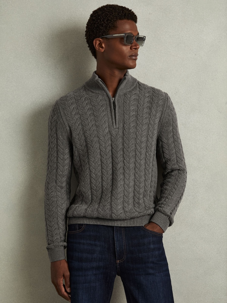 Reiss Mid Grey Melange Tamworth Cabled Zip-Neck Jumper with Cotton and Wool - Image 1 of 6