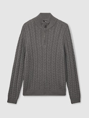 Reiss Mid Grey Melange Tamworth Cabled Zip-Neck Jumper with Cotton and Wool - Image 2 of 6
