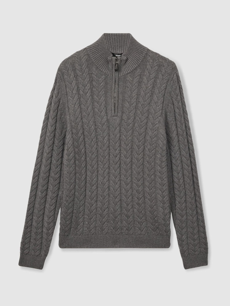 Reiss Mid Grey Melange Tamworth Cabled Zip-Neck Jumper with Cotton and Wool - Image 2 of 6
