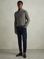 Reiss Mid Grey Melange Tamworth Cabled Zip-Neck Jumper with Cotton and Wool - Image 3 of 6