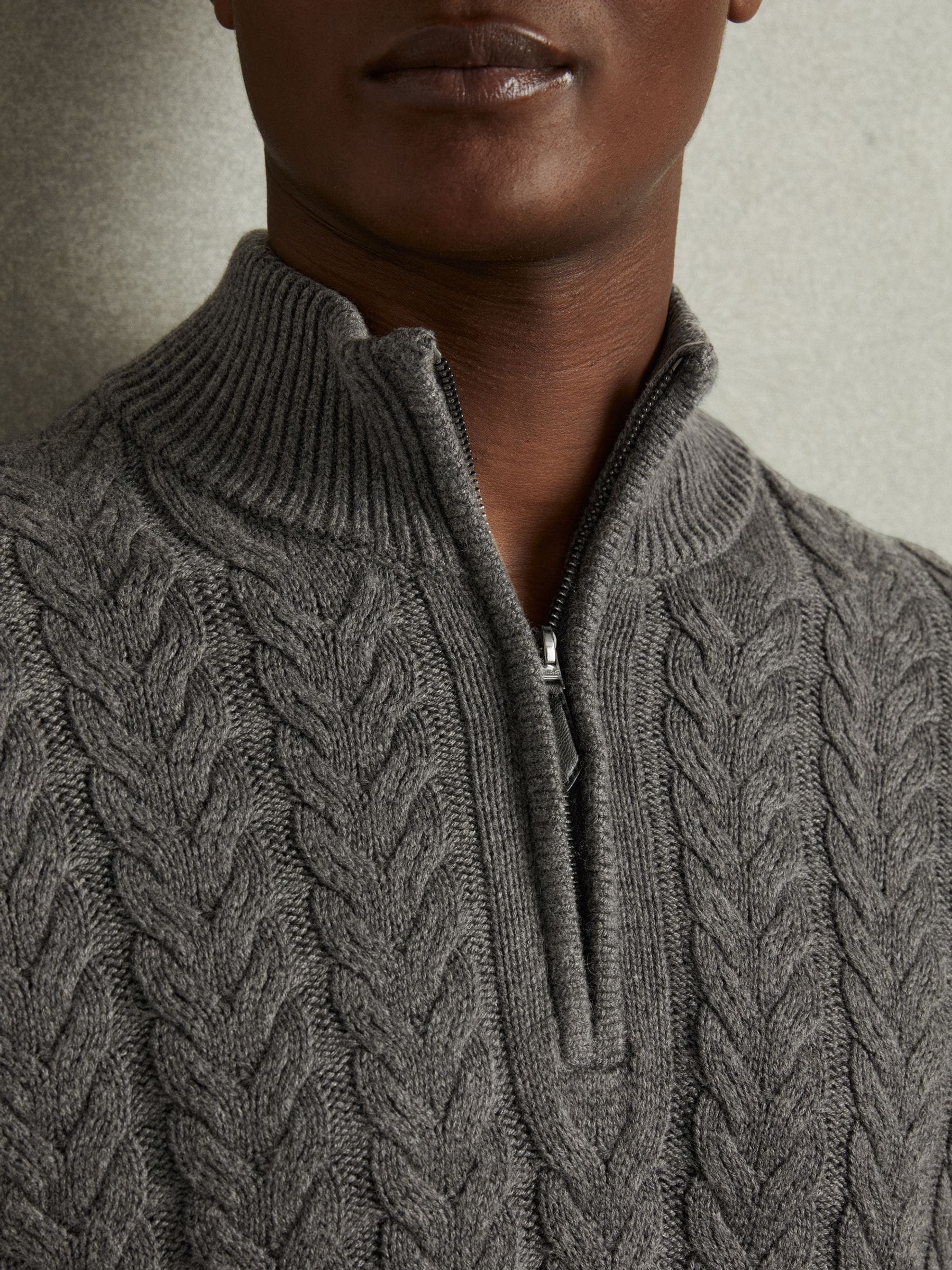 Buy Reiss Mid Grey Melange Tamworth Cabled Zip-Neck Jumper with Cotton and  Wool from Next Luxembourg