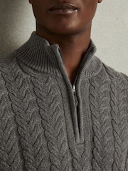 Reiss Mid Grey Melange Tamworth Cabled Zip-Neck Jumper with Cotton and Wool - Image 4 of 6