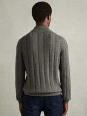Reiss Mid Grey Melange Tamworth Cabled Zip-Neck Jumper with Cotton and Wool - Image 5 of 6