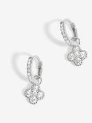 Simply Silver Silver Tone 925 Polished and Cubic Zirconia Pave Clover Charm Hoop Earrings - Image 1 of 3