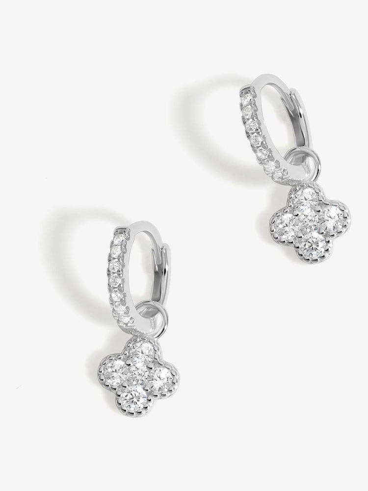 Simply Silver Silver Tone 925 Polished and Cubic Zirconia Pave Clover Charm Hoop Earrings - Image 1 of 3