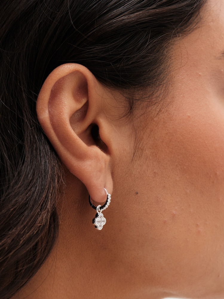 Simply Silver Silver Tone 925 Polished and Cubic Zirconia Pave Clover Charm Hoop Earrings - Image 2 of 3