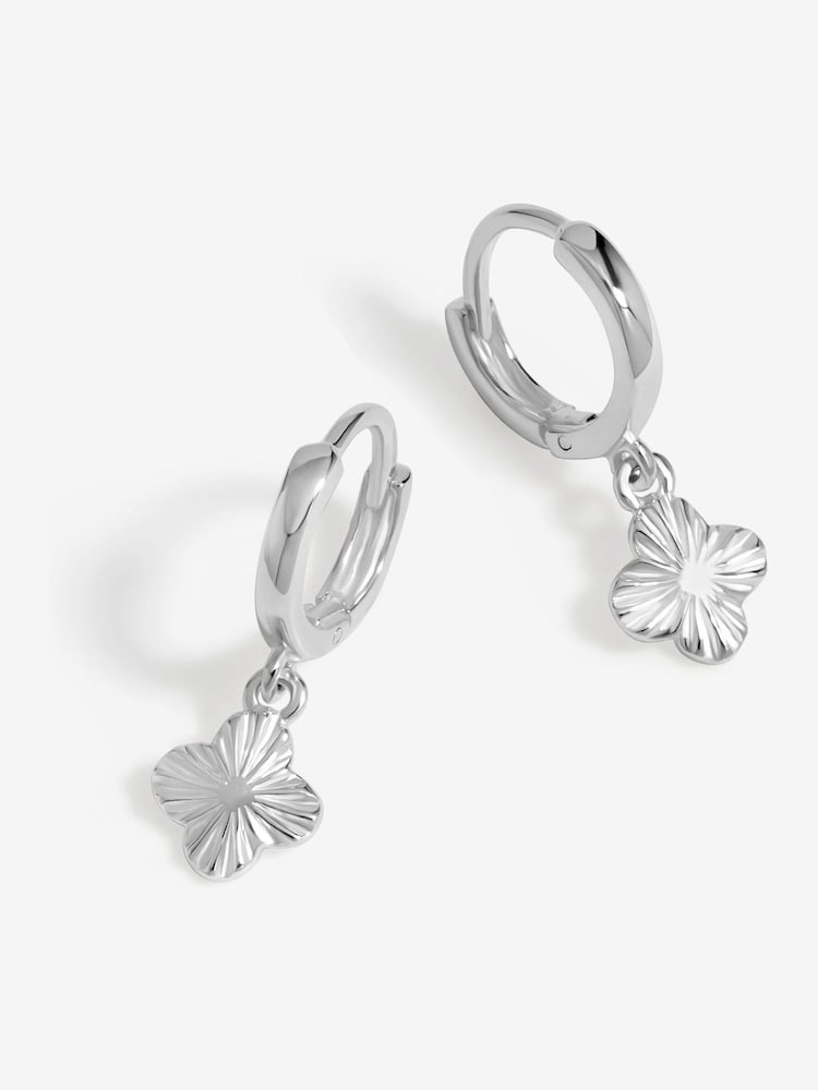 Simply Silver Silver Tone 925 Polished Diamond Cut Clover Charm Hoop Earrings - Image 1 of 3