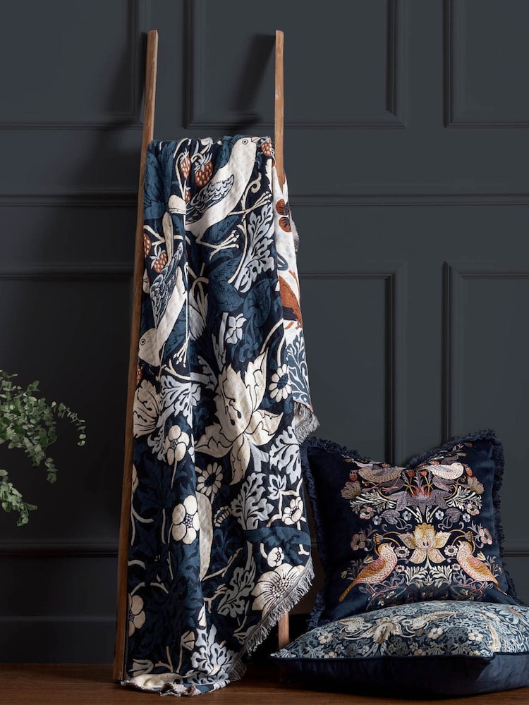 Morris & Co Indigo Strawberry Thief Jacquard Multi Layer Throw - Image 1 of 8