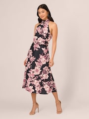Adrianna Papell Print Chiffon Halter Black/Pink Dress - Image 1 of 7