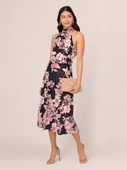 Adrianna Papell Print Chiffon Halter Black/Pink Dress - Image 4 of 7