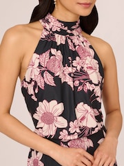 Adrianna Papell Print Chiffon Halter Black/Pink Dress - Image 5 of 7
