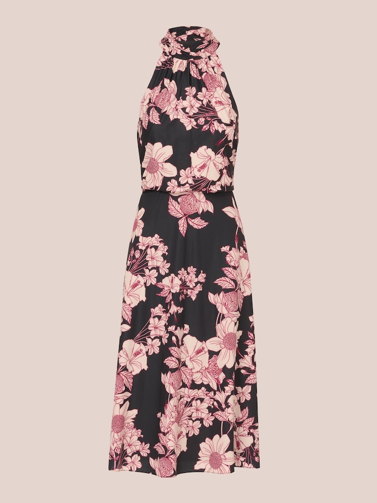 Adrianna Papell Print Chiffon Halter Black/Pink Dress - Image 7 of 7